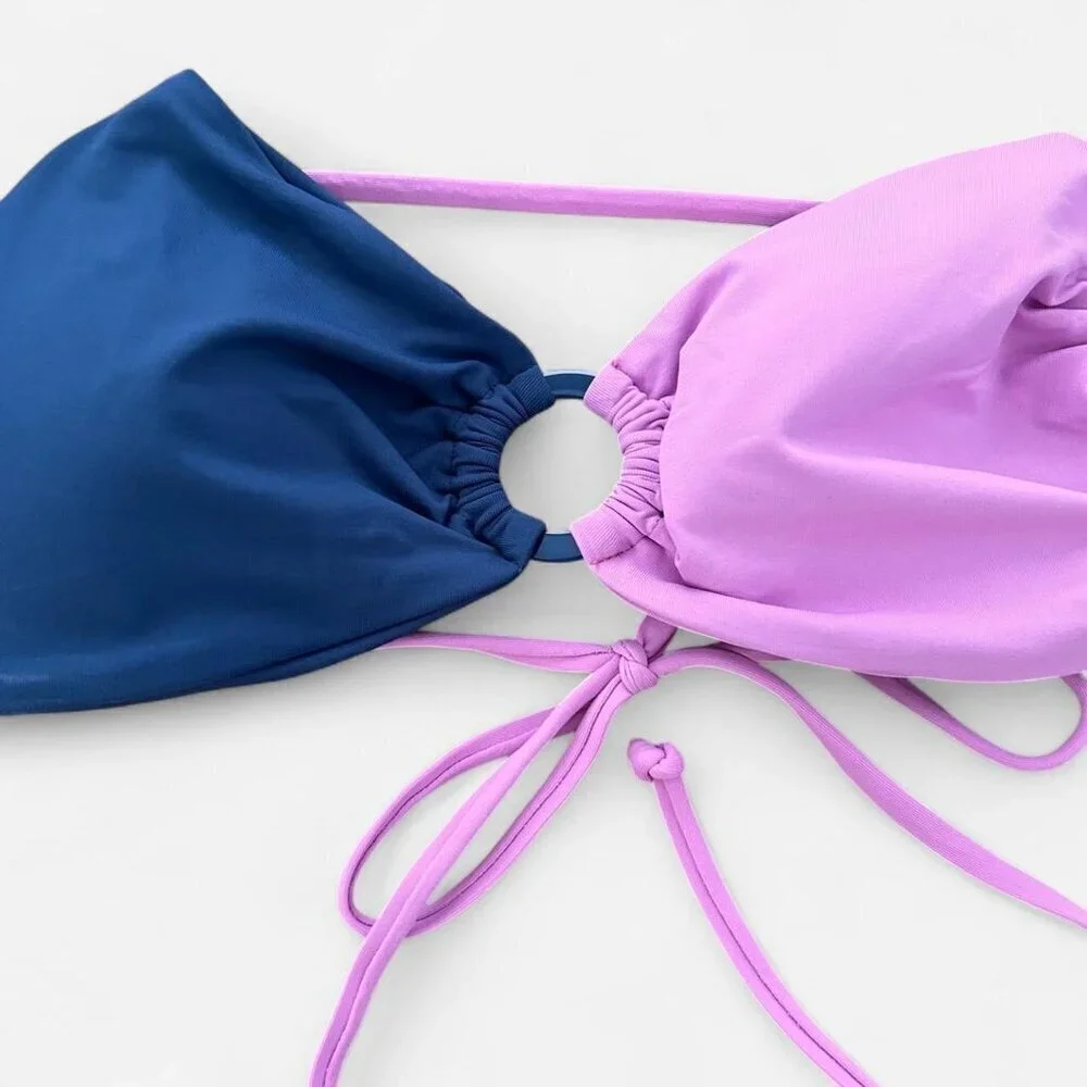 L*Space Freddie keyhole colorblock purple blue halter bikini top medium new - Picture 2 of 5